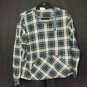 L.L. Bean Blue and Green Plaid Hooded Pullover Shirt